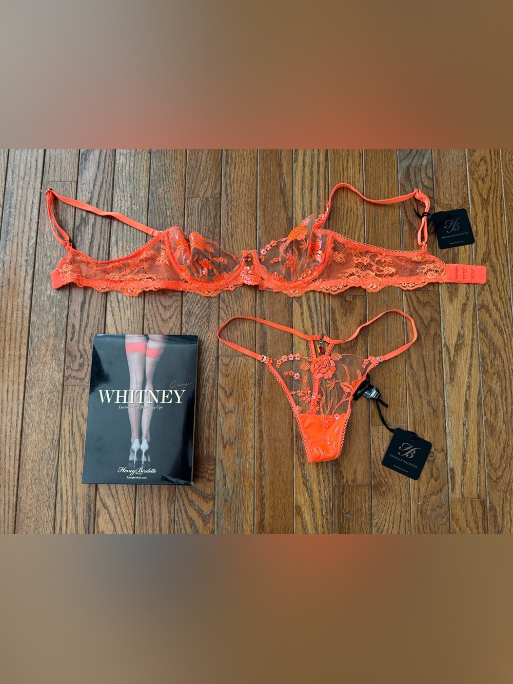 Honey Birdette Orange Whitney Sheer Floral Lace Bra & Thong Set